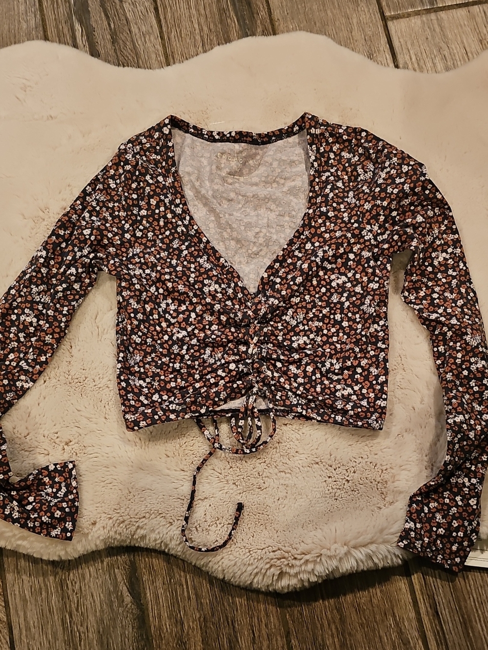 Aeropostale Brown Floral Ruched Tie-Front Crop Top